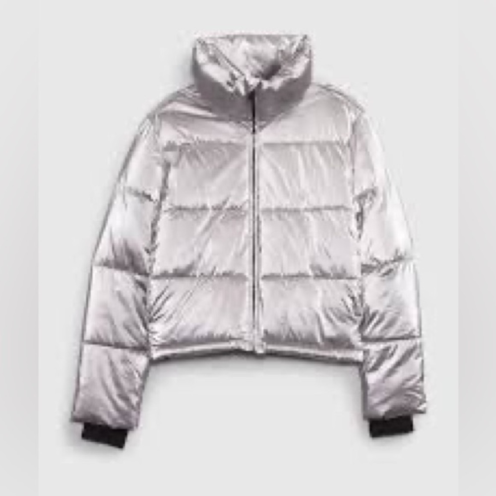 GAP Silver Metallic Crop Puffer Jacket Petite XS Y2K NEW w/ TAGS - Picture 2 of 16